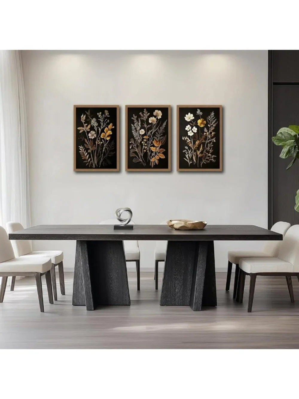 Set of 3 Vintage Black Flower Botanical Canvas Prints - Dark Academia Wall Art